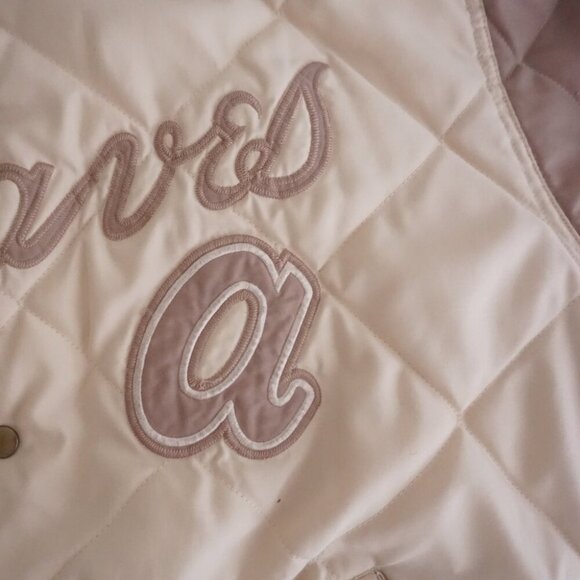 80s Cooperstown Atlanta Braves Cream Quilted Button Up Varsity Bomber Jacket XL - Picture 8 of 16